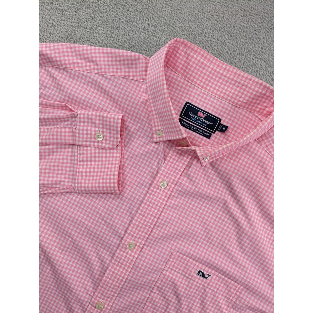 Vineyard Vines Performance Tucker Shirt XL Pink Gingham Classic Fit Stretch Mens